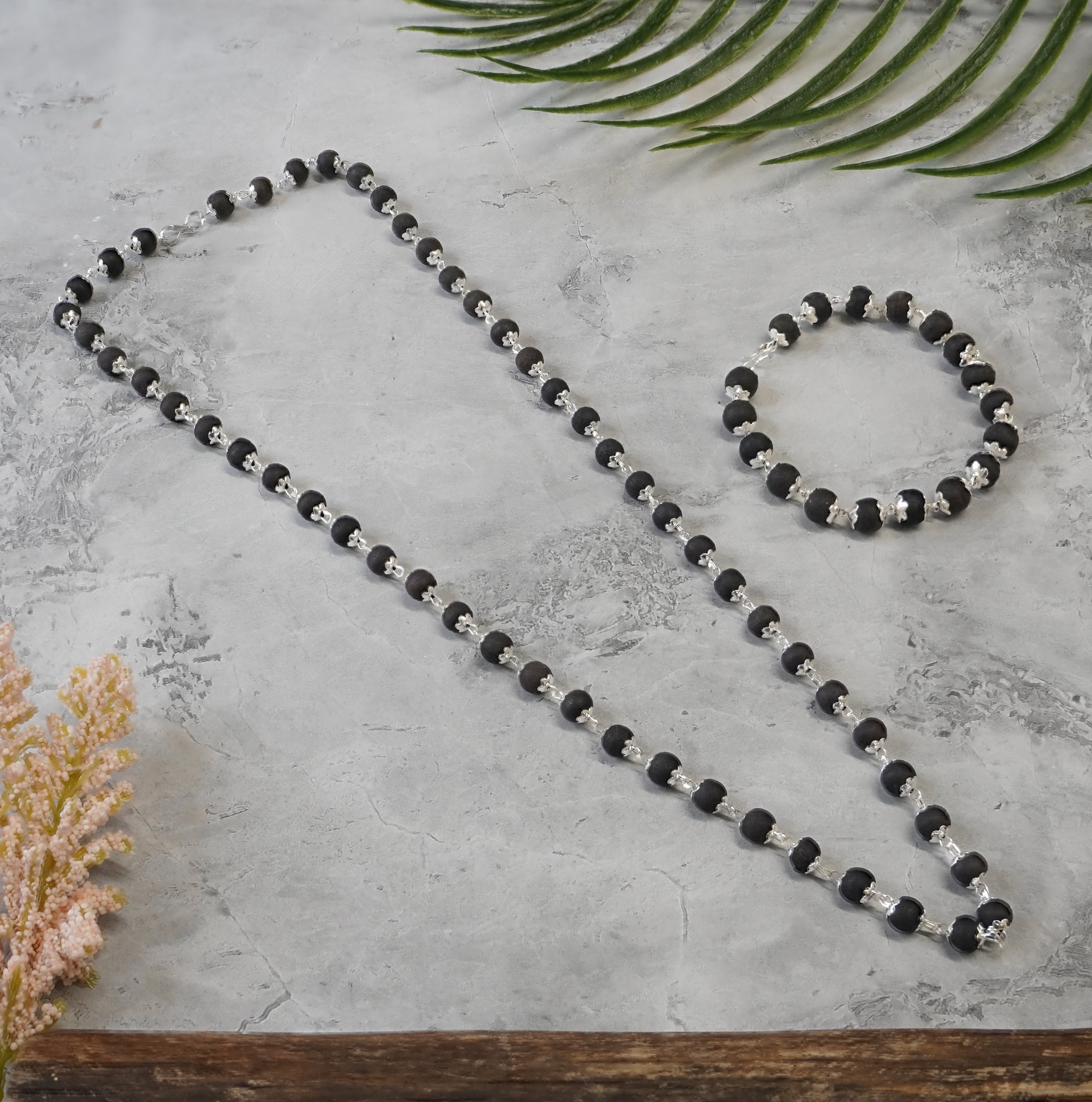 Silver plated Karungali Mala & Bracelet Combo