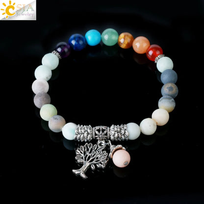 CSJA Natural Pink Crystal Quartz 7 Chakra Gem Stone Bead Bracelet Tree Pendant Prayer Healing Stretch Bangles Women Jewelry F129