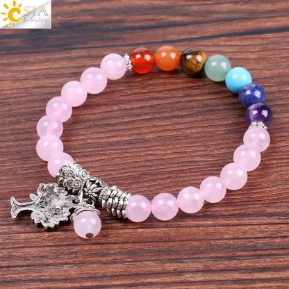 CSJA Natural Pink Crystal Quartz 7 Chakra Gem Stone Bead Bracelet Tree Pendant Prayer Healing Stretch Bangles Women Jewelry F129
