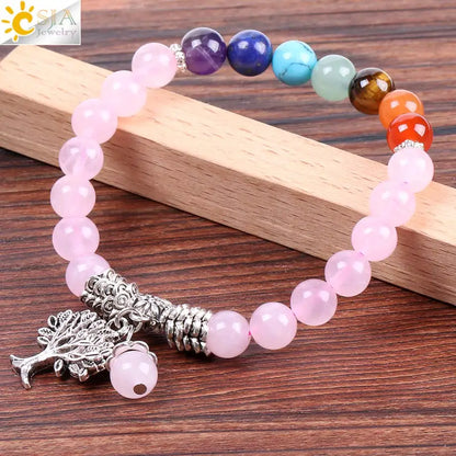 CSJA Natural Pink Crystal Quartz 7 Chakra Gem Stone Bead Bracelet Tree Pendant Prayer Healing Stretch Bangles Women Jewelry F129