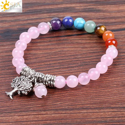 CSJA Natural Pink Crystal Quartz 7 Chakra Gem Stone Bead Bracelet Tree Pendant Prayer Healing Stretch Bangles Women Jewelry F129