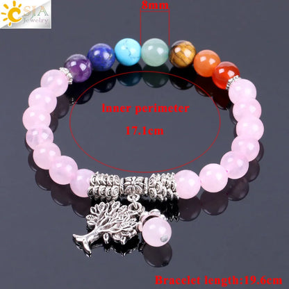 CSJA Natural Pink Crystal Quartz 7 Chakra Gem Stone Bead Bracelet Tree Pendant Prayer Healing Stretch Bangles Women Jewelry F129
