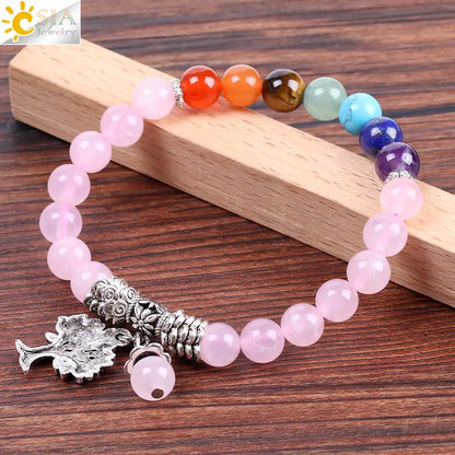 CSJA Natural Pink Crystal Quartz 7 Chakra Gem Stone Bead Bracelet Tree Pendant Prayer Healing Stretch Bangles Women Jewelry F129