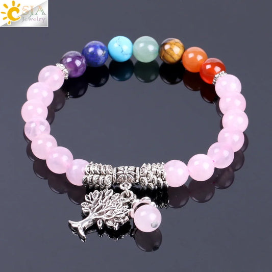 CSJA Natural Pink Crystal Quartz 7 Chakra Gem Stone Bead Bracelet Tree Pendant Prayer Healing Stretch Bangles Women Jewelry F129