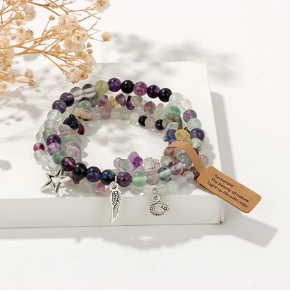 3Pcs/set Rose Quartzs Elastic Bracelet Moon Star Angel Wings Charm Bracelets For Women Natural Stone Amethysts Bangles Jewelry