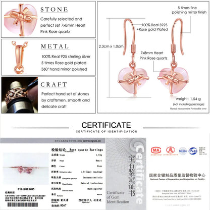 LAMOON 7X8mm 100% Natural Heart Pink Rose Quartz 925 Sterling Silver Jewelry  Drop Earrings S925 LMEI012