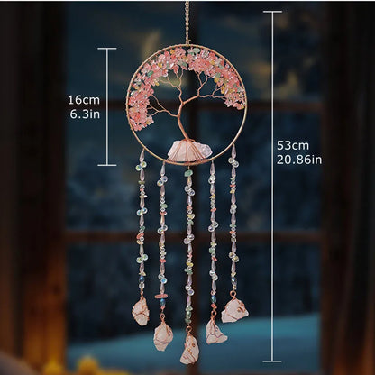 Rose Quartz Crystal Sun Catcher Natural Gem Stones Tree of Life Suncatcher Hanging Pink Crystals Dream Catchers Healing Decor