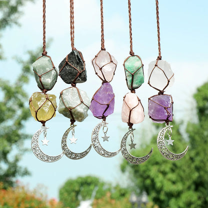 Charm Natural Gemstone Crystal Raw Stone Amethyst Rose Quartz Pendant Healing Crystals FengShui Hanging Ornament Car Decoration