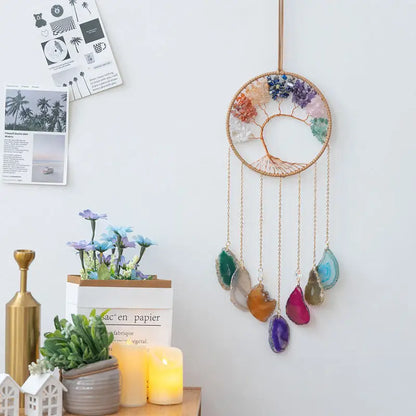 Rose Quartz Crystal Sun Catcher Natural Gem Stones Tree of Life Suncatcher Hanging Pink Crystals Dream Catchers Healing Decor