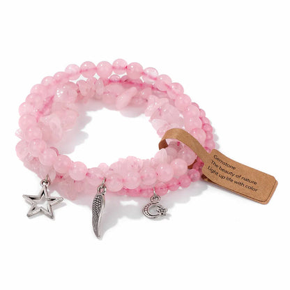 3Pcs/set Rose Quartzs Elastic Bracelet Moon Star Angel Wings Charm Bracelets For Women Natural Stone Amethysts Bangles Jewelry