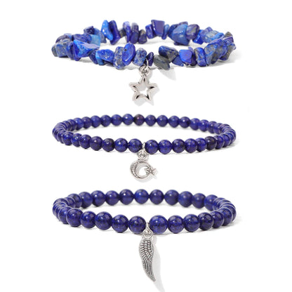 3Pcs/set Rose Quartzs Elastic Bracelet Moon Star Angel Wings Charm Bracelets For Women Natural Stone Amethysts Bangles Jewelry
