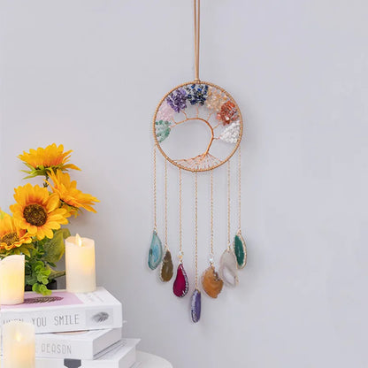 Rose Quartz Crystal Sun Catcher Natural Gem Stones Tree of Life Suncatcher Hanging Pink Crystals Dream Catchers Healing Decor