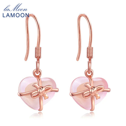LAMOON 7X8mm 100% Natural Heart Pink Rose Quartz 925 Sterling Silver Jewelry  Drop Earrings S925 LMEI012
