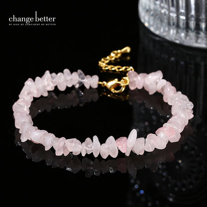 Change Better Natural Pink Quartz 3-5mm Irregualr Gravel Stone Strand Bracelet Women Trendy Chip Bead Energy Healing Jewelry