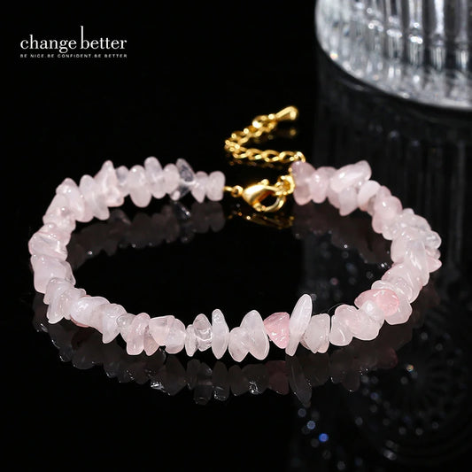 Change Better Natural Pink Quartz 3-5mm Irregualr Gravel Stone Strand Bracelet Women Trendy Chip Bead Energy Healing Jewelry