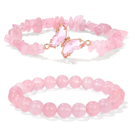 2pcs Rose Quartzs Beaded Bracelet Crystal Butterfly Charm Natural Stone Gravel Chip Round Beads Bracelets For Women Men Jewelry