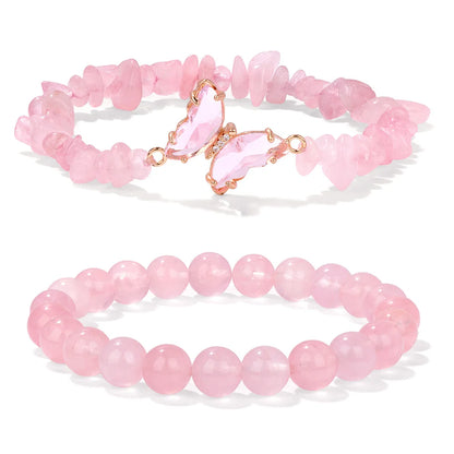 2pcs Rose Quartzs Beaded Bracelet Crystal Butterfly Charm Natural Stone Gravel Chip Round Beads Bracelets For Women Men Jewelry