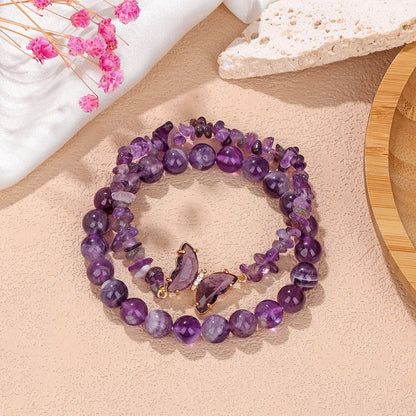 2pcs Rose Quartzs Beaded Bracelet Crystal Butterfly Charm Natural Stone Gravel Chip Round Beads Bracelets For Women Men Jewelry