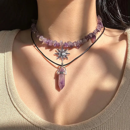 2Pcs Goth Boho Irregular Stone Adjustable Chain Necklace for Women Vintage Sunflower Crystal Pendant Choker Y2K Jewelry Gift New