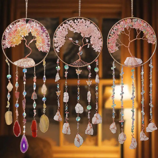Rose Quartz Crystal Sun Catcher Natural Gem Stones Tree of Life Suncatcher Hanging Pink Crystals Dream Catchers Healing Decor