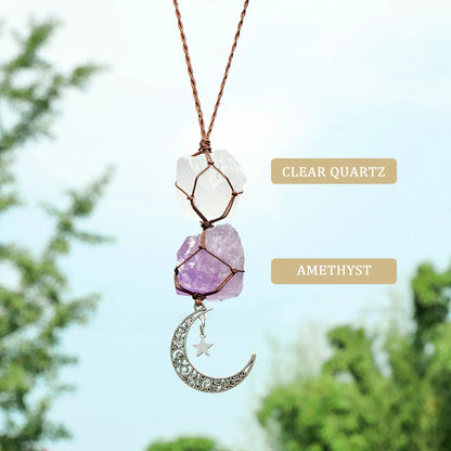 Charm Natural Gemstone Crystal Raw Stone Amethyst Rose Quartz Pendant Healing Crystals FengShui Hanging Ornament Car Decoration