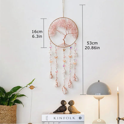 Rose Quartz Crystal Sun Catcher Natural Gem Stones Tree of Life Suncatcher Hanging Pink Crystals Dream Catchers Healing Decor