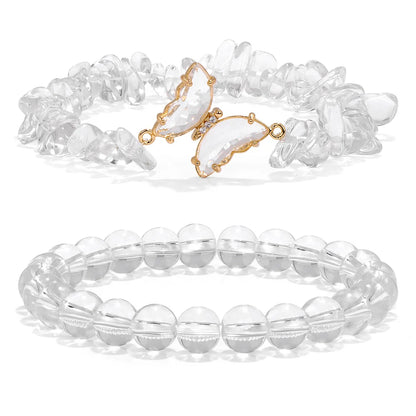 2pcs Rose Quartzs Beaded Bracelet Crystal Butterfly Charm Natural Stone Gravel Chip Round Beads Bracelets For Women Men Jewelry