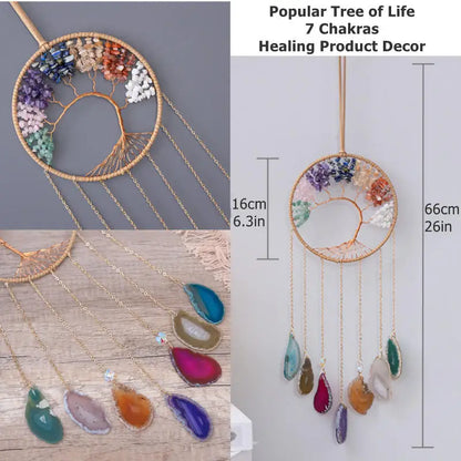 Rose Quartz Crystal Sun Catcher Natural Gem Stones Tree of Life Suncatcher Hanging Pink Crystals Dream Catchers Healing Decor