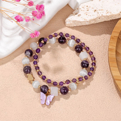 2pcs Rose Quartzs Beaded Bracelet Crystal Butterfly Charm Natural Stone Gravel Chip Round Beads Bracelets For Women Men Jewelry