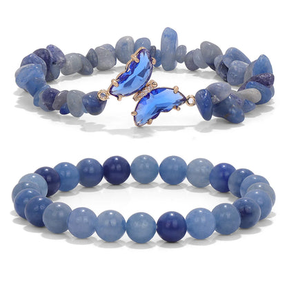2pcs Rose Quartzs Beaded Bracelet Crystal Butterfly Charm Natural Stone Gravel Chip Round Beads Bracelets For Women Men Jewelry