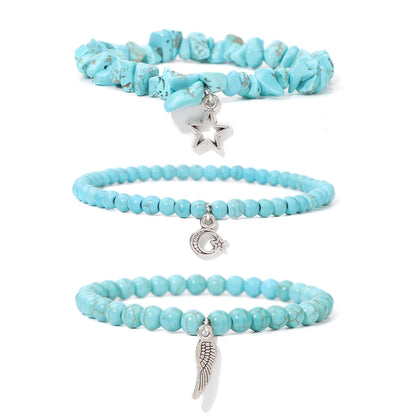 3Pcs/set Rose Quartzs Elastic Bracelet Moon Star Angel Wings Charm Bracelets For Women Natural Stone Amethysts Bangles Jewelry