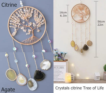 Rose Quartz Crystal Sun Catcher Natural Gem Stones Tree of Life Suncatcher Hanging Pink Crystals Dream Catchers Healing Decor