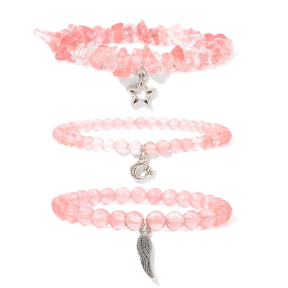 3Pcs/set Rose Quartzs Elastic Bracelet Moon Star Angel Wings Charm Bracelets For Women Natural Stone Amethysts Bangles Jewelry