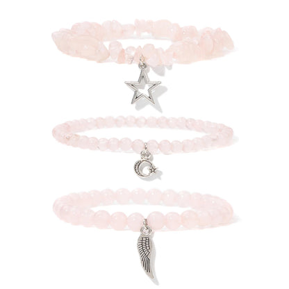 3Pcs/set Rose Quartzs Elastic Bracelet Moon Star Angel Wings Charm Bracelets For Women Natural Stone Amethysts Bangles Jewelry