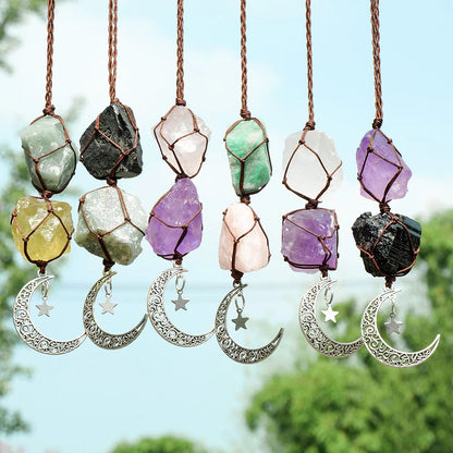 Charm Natural Gemstone Crystal Raw Stone Amethyst Rose Quartz Pendant Healing Crystals FengShui Hanging Ornament Car Decoration