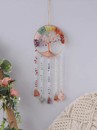 Rose Quartz Crystal Sun Catcher Natural Gem Stones Tree of Life Suncatcher Hanging Pink Crystals Dream Catchers Healing Decor