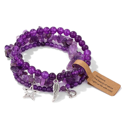 3Pcs/set Rose Quartzs Elastic Bracelet Moon Star Angel Wings Charm Bracelets For Women Natural Stone Amethysts Bangles Jewelry