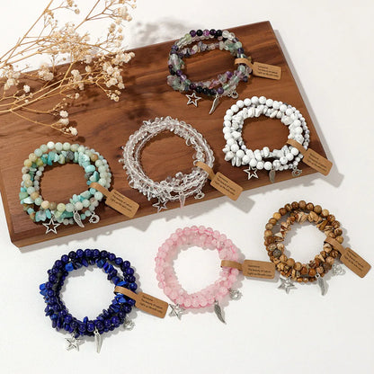 3Pcs/set Rose Quartzs Elastic Bracelet Moon Star Angel Wings Charm Bracelets For Women Natural Stone Amethysts Bangles Jewelry