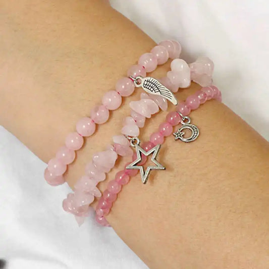 3Pcs/set Rose Quartzs Elastic Bracelet Moon Star Angel Wings Charm Bracelets For Women Natural Stone Amethysts Bangles Jewelry