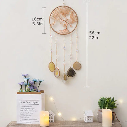 Rose Quartz Crystal Sun Catcher Natural Gem Stones Tree of Life Suncatcher Hanging Pink Crystals Dream Catchers Healing Decor