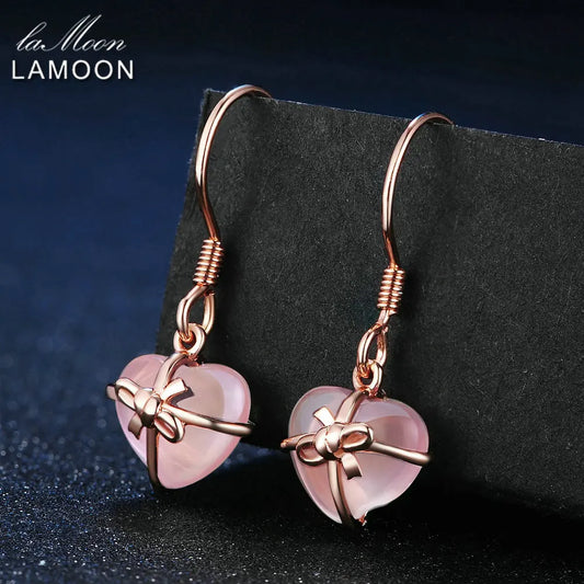 LAMOON 7X8mm 100% Natural Heart Pink Rose Quartz 925 Sterling Silver Jewelry  Drop Earrings S925 LMEI012