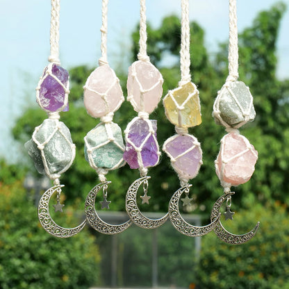 Charm Natural Gemstone Crystal Raw Stone Amethyst Rose Quartz Pendant Healing Crystals FengShui Hanging Ornament Car Decoration