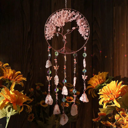 Rose Quartz Crystal Sun Catcher Natural Gem Stones Tree of Life Suncatcher Hanging Pink Crystals Dream Catchers Healing Decor