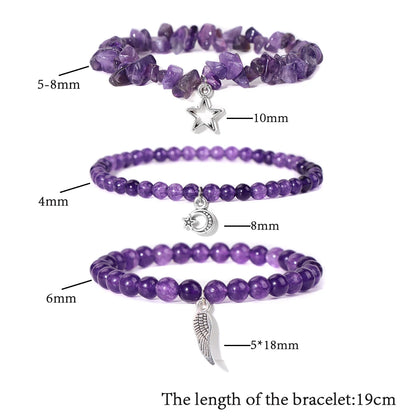 3Pcs/set Rose Quartzs Elastic Bracelet Moon Star Angel Wings Charm Bracelets For Women Natural Stone Amethysts Bangles Jewelry