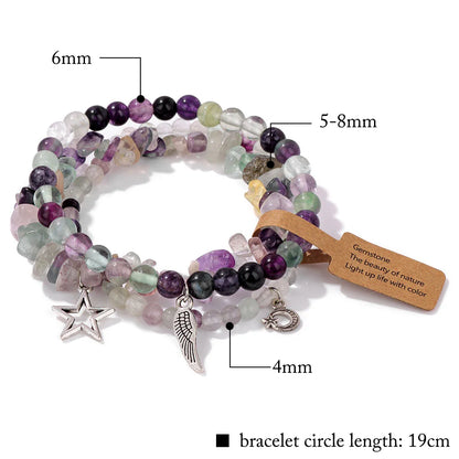 3Pcs/set Rose Quartzs Elastic Bracelet Moon Star Angel Wings Charm Bracelets For Women Natural Stone Amethysts Bangles Jewelry