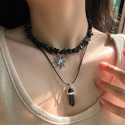 2Pcs Goth Boho Irregular Stone Adjustable Chain Necklace for Women Vintage Sunflower Crystal Pendant Choker Y2K Jewelry Gift New