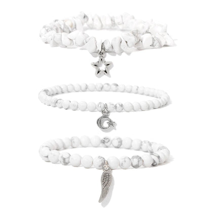 3Pcs/set Rose Quartzs Elastic Bracelet Moon Star Angel Wings Charm Bracelets For Women Natural Stone Amethysts Bangles Jewelry