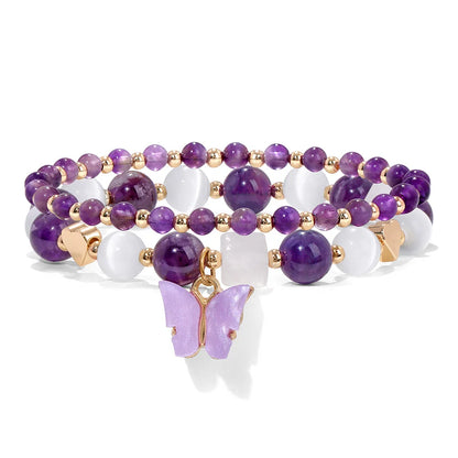 2pcs Rose Quartzs Beaded Bracelet Crystal Butterfly Charm Natural Stone Gravel Chip Round Beads Bracelets For Women Men Jewelry