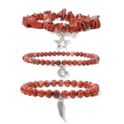 3Pcs/set Rose Quartzs Elastic Bracelet Moon Star Angel Wings Charm Bracelets For Women Natural Stone Amethysts Bangles Jewelry