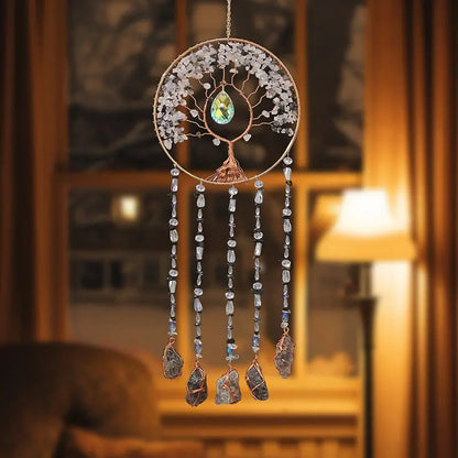 Rose Quartz Crystal Sun Catcher Natural Gem Stones Tree of Life Suncatcher Hanging Pink Crystals Dream Catchers Healing Decor